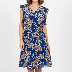 41Hawthorn Stitch Fix V-Neck Floral Mini Dress Med Blue Peach Ruffle Smocked